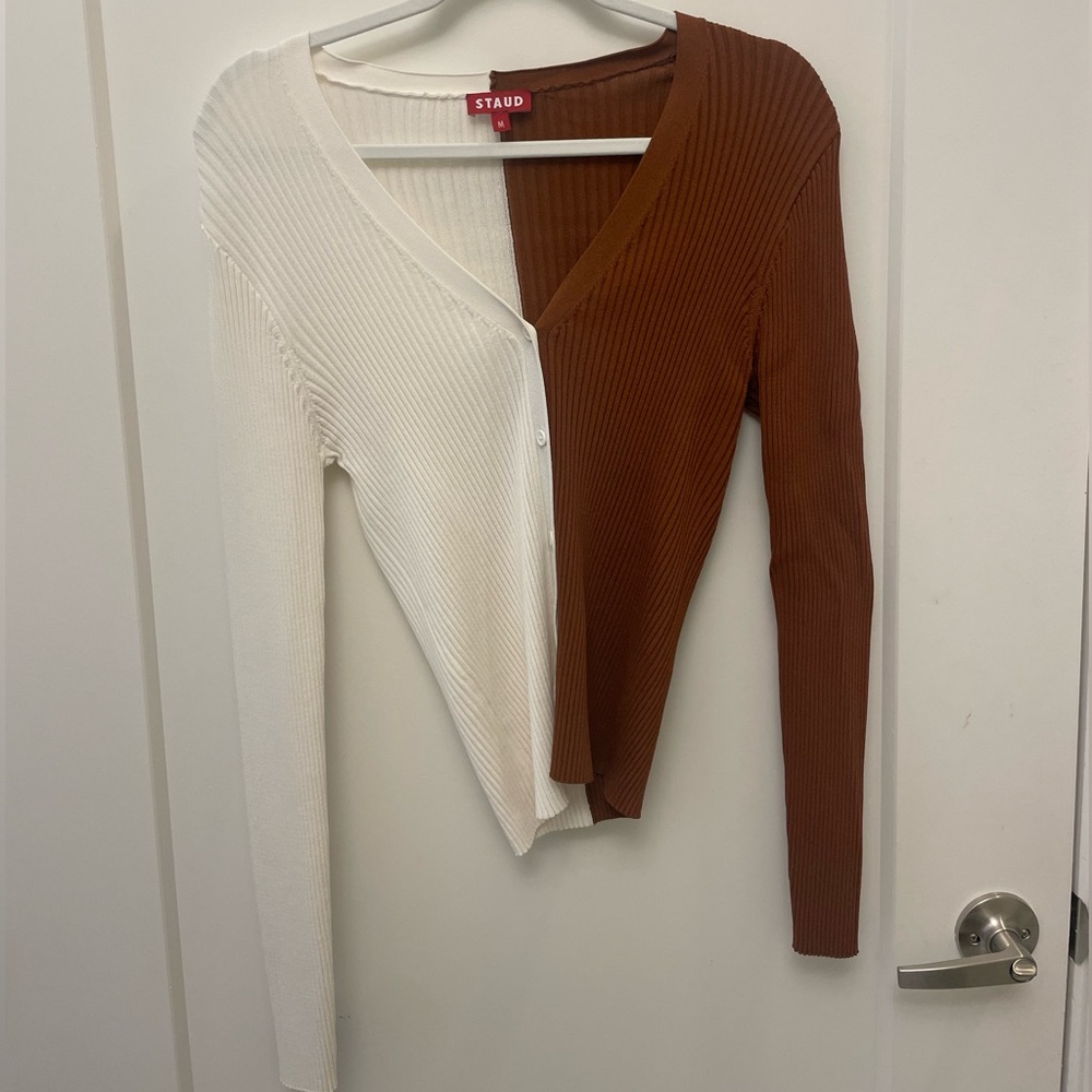 Staud tan and white colorblock sweater